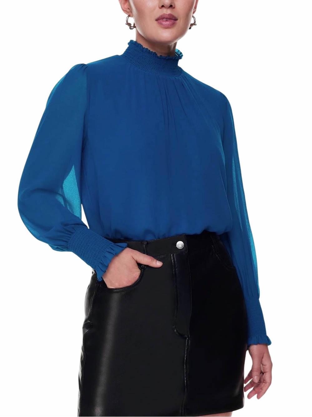 Aritzia Wilfred Valencia Mock Neck Puff-Sleeve Blouse Blue Chiffon Sz S (4-6)